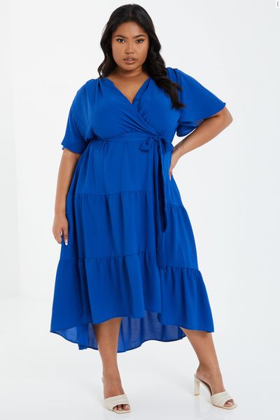 Curve Blue Wrap Tiered Midi Dress